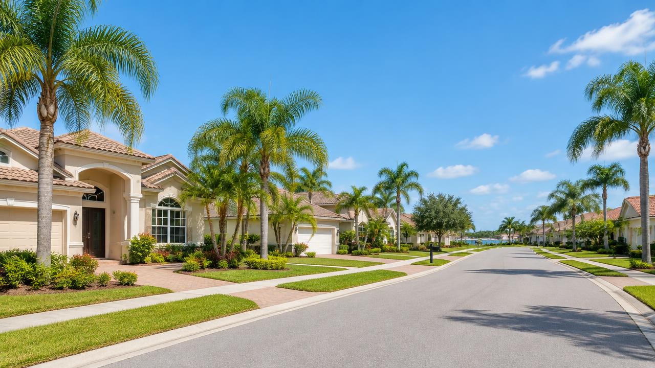 Illustration: a sunny Tampa Bay neighborhood street lined with palm trees