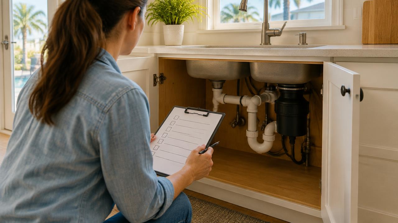 Illustration: a homeowner checking pipes under a kitchen sink with a checklist