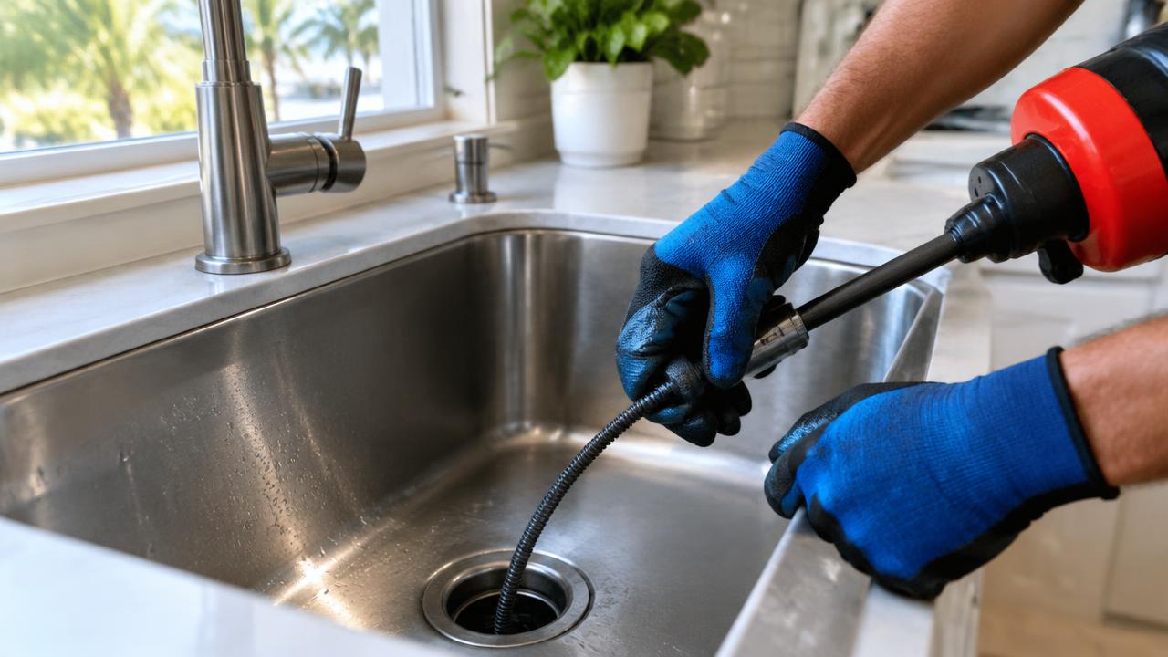 Illustration: gloved hands clearing a kitchen sink drain with a drain snake