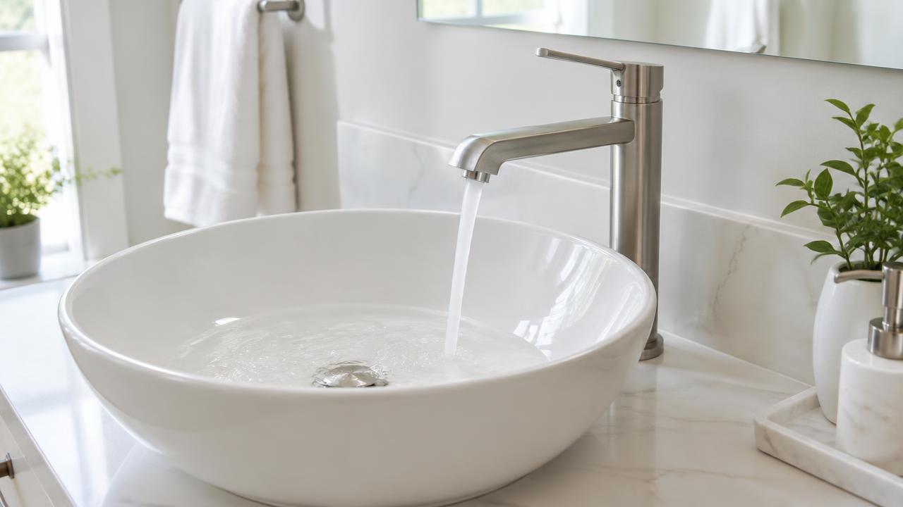 Illustration: a newly installed bathroom faucet over a vessel sink