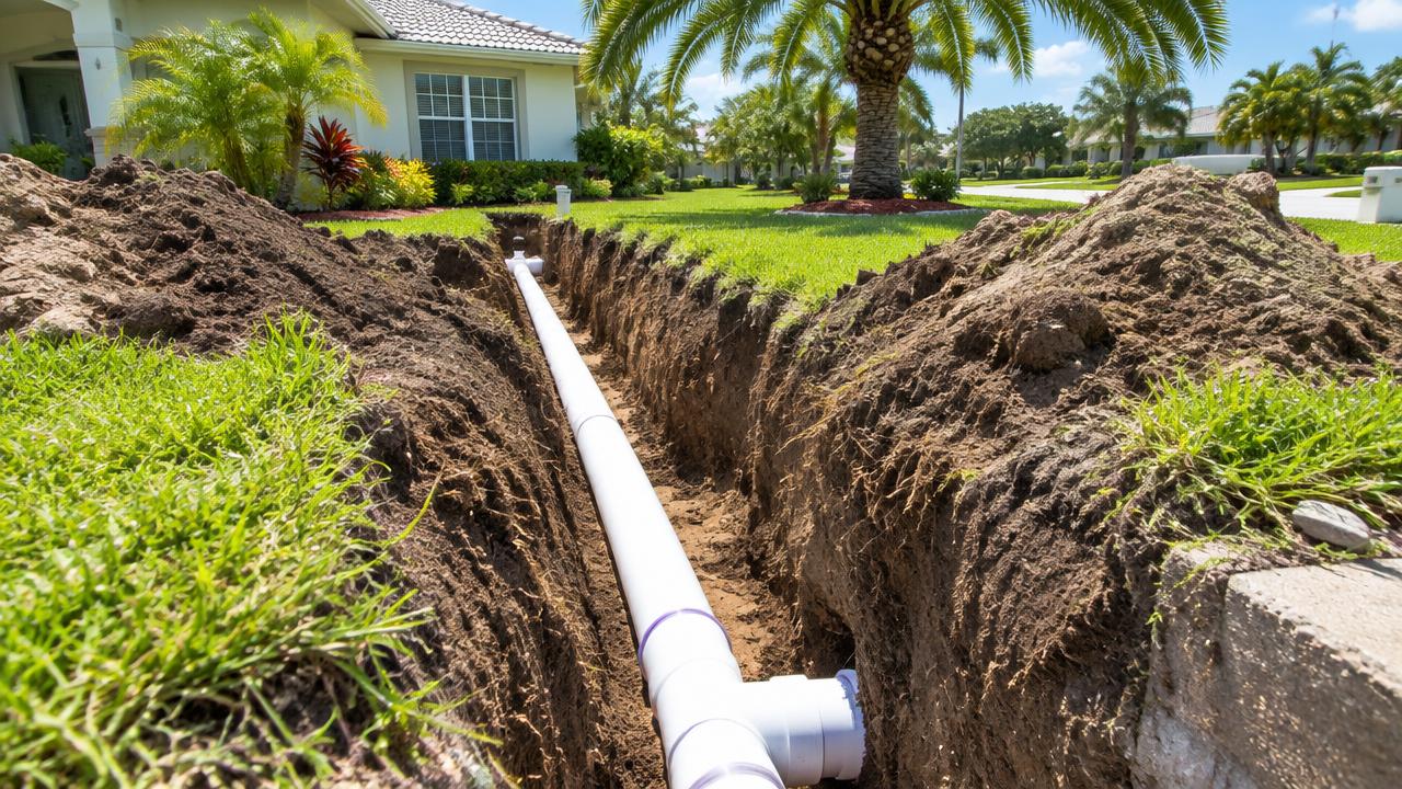 Illustration: new sewer pipe laid in a trench in a Florida front yard