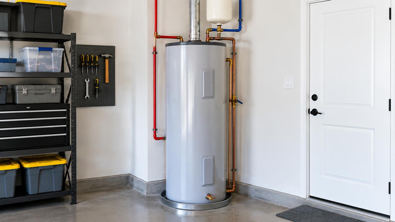 Illustration: a tank water heater with new connections in a clean garage